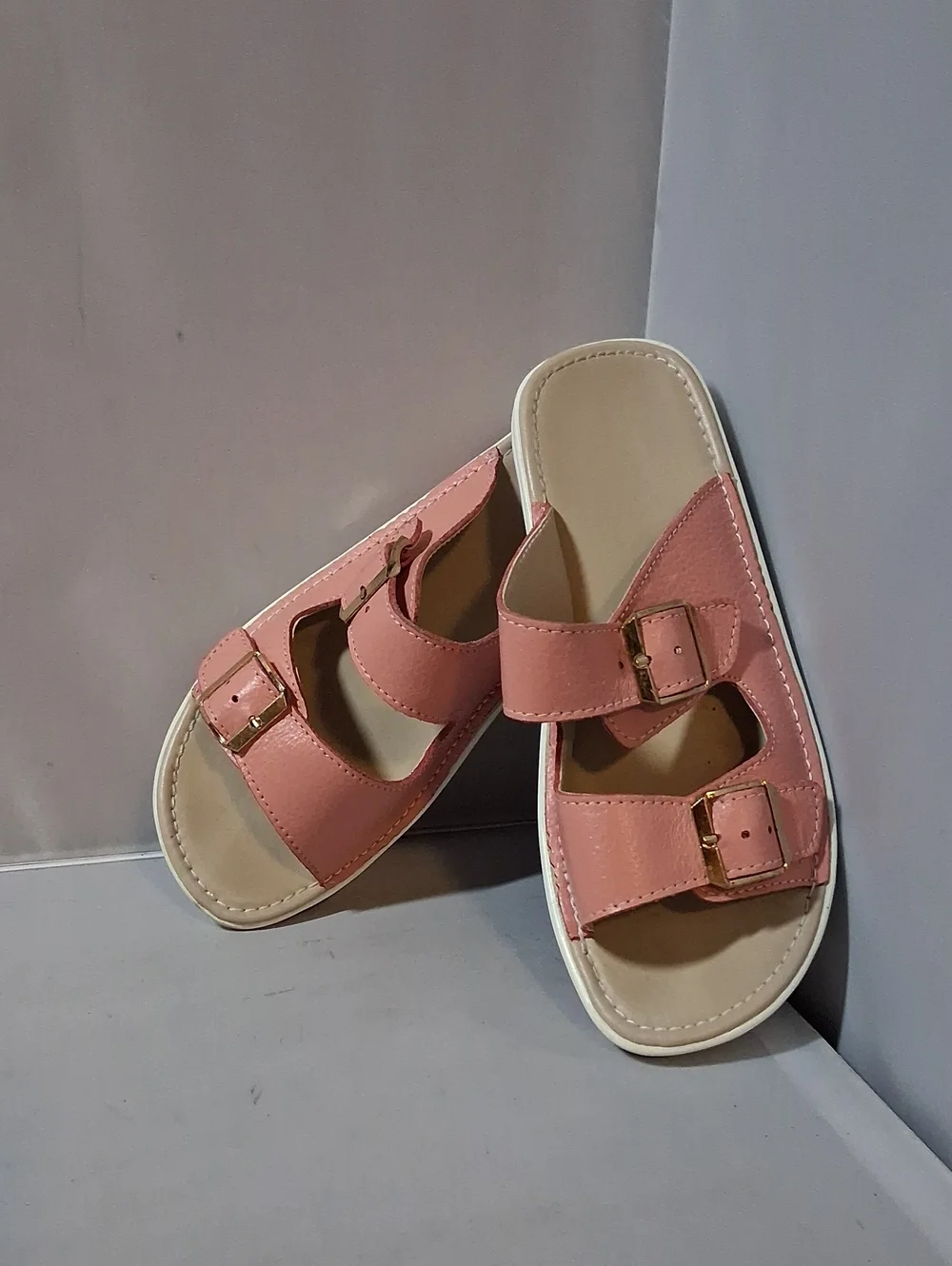 Pink and white 2 strap sandals, size 7